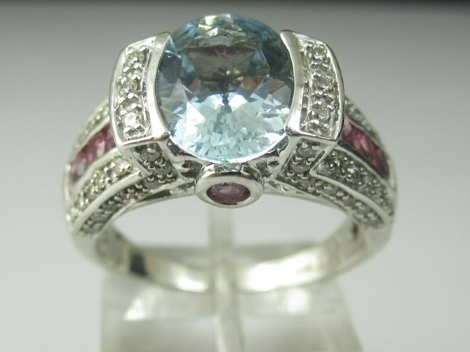 Anillo de boda único de diamantes y turmalina rosa aguamarina de 2 quilates de oro blanco de 14 quilates Foto 1 de 4