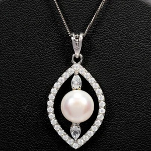 925 STERLING SILVER PENDANT NATURAL WHITE PEARL 9 MM. ROUND CABOCHON & CZ - Picture 1 of 8