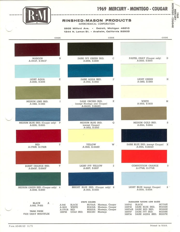 Mercury Marauder Marquis Cyclone CJ Comet GT Cougar XR-7 1969 astillas de pintura (R-M) Foto 1 de 1