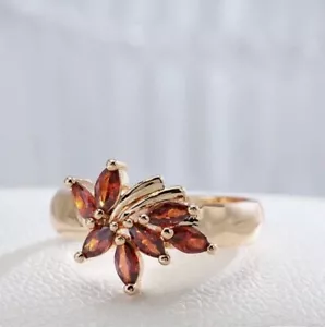 Natural Red Zircon Stone Ring Leaf Nature Design 14 Carat Rolled Gold Size R 1/2 - Picture 1 of 5