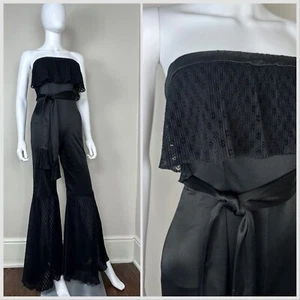 Vintage 1970s Black Strapless Bell Bottom Jumpsuit 70s Funky Disco - Picture 1 of 10