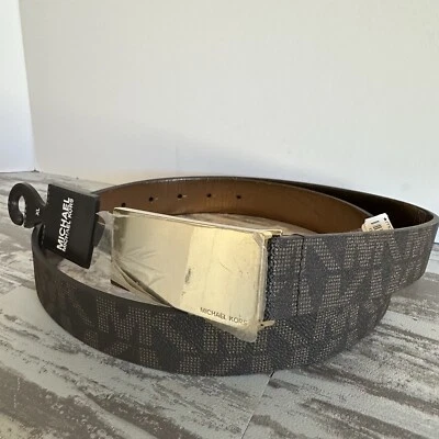 Michael Kors Gold Plaque Classic monogram Logo Brown Belt Women’s Size XL NEW - Image 1 of 4
