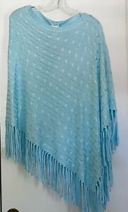 NWT CHICOS Poncho OS Cable Knit Fringe Frozen Aqua Asymmetrical Colleen
