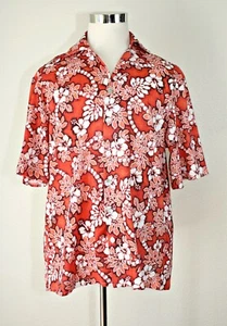 VTG MAGNUM PI Hawaiian Casual Shirt Knit Button Up Orange White Black Floral #03 - Picture 1 of 8