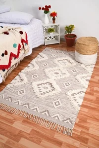 Handwoven Black Wool Flatweave Kilim Floral Area Rug , Beige wool Square Carpet - Picture 1 of 8