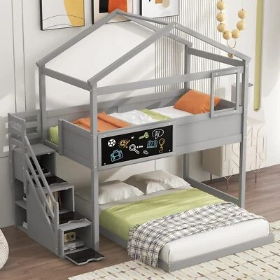 Twin Over Full House Bunk Bed with Storage Staircase & Blackboard Kids Bunk Beds - Image 1 of 4