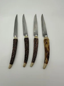 VTG LOT 4 STAINLESS STEEL STEAK KNIVES FAUX STAG HORN ANTLER BONE HANDLES JAPAN - Picture 1 of 4