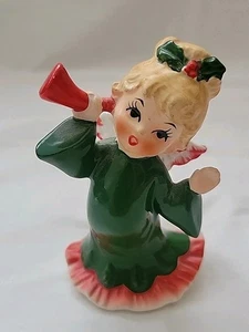Figura Cuerno Ángel Navidad Lefton Vintage #2543 Japón Vestido Verde Cerámica 4" - Imagen 1 de 7