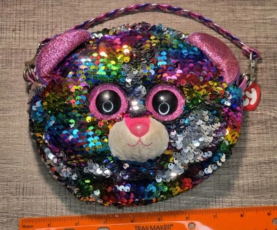 TY Fashion Flip Sequin Cat Purse Silver/Rainbow/Pink  Strap- Zipper Beanie EUC - Image 1 of 4