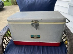 Vintage MCM Thermos Turn Latch Silver Aluminum w/ Red Bottom Cooler - Picture 1 of 10