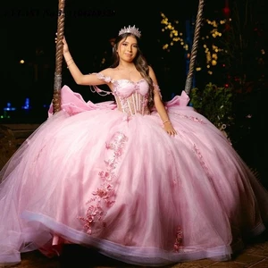 Rosa Princesa Quinceañera Vestidos Vestidos de Baile Encaje Apliques Cuentas Lazo Dulce 16 - Imagen 1 de 11