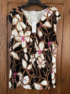 Neu mit Etikett Liz Claiborne Damen-Stricktop braun schwarz weiß pink Blumenmuster Größe 3X - Bild 1 von 4