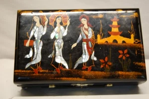 Scatola portagioie giapponese abalone madreperla intarsiata geishe lacca - Foto 1 di 3