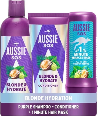 Aussie Blonde Hydration Vegan Purple Shampoo, Conditioner And 3 Minute Miracle