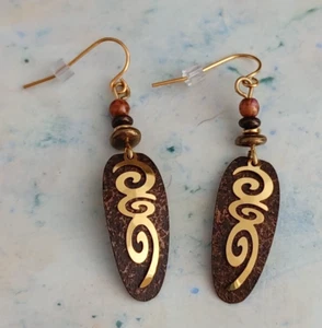 Handcrafted Neutral Earth Gold Tone Painted Metal Dangle Earrings Spirals USA 2" - Picture 1 of 5
