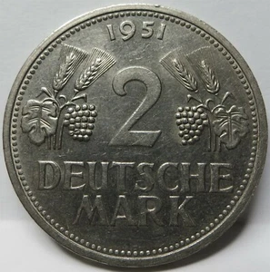 GERMANY Federal 2 mark 1951 F Stuttgart XF / AU Grapes Grain Eagle #D17 - Picture 1 of 2