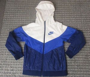 Nike Boys Jacket Medium Blue White Jacket Full Zip Lined Long Sleeve Logo Hooded - Picture 1 of 19