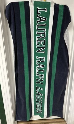 Toalha de praia Lauren Ralph Lauren grande listrada verde marinho branco 35 x 66 HTF - Imagem 1 de 3