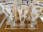 Vintage Mid Century 8 Glasses In Carrying Caddy Goldtone Metal Holder