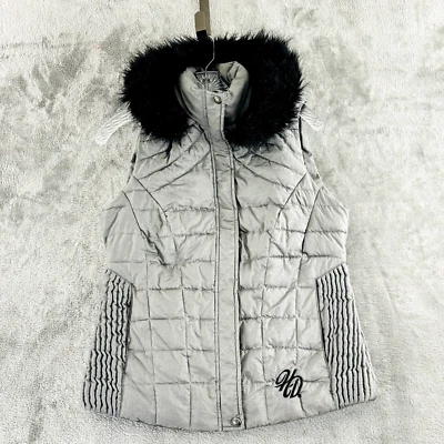 Harley Davidson Puffer Vest S Metallic Gray Fur Trim Zip Off Hood Embroidery - Image 1 of 4