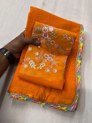 Blusa sari de diseño elegante Georgette multi bordado trabajo y arco iris borde encaje Foto 1 de 2