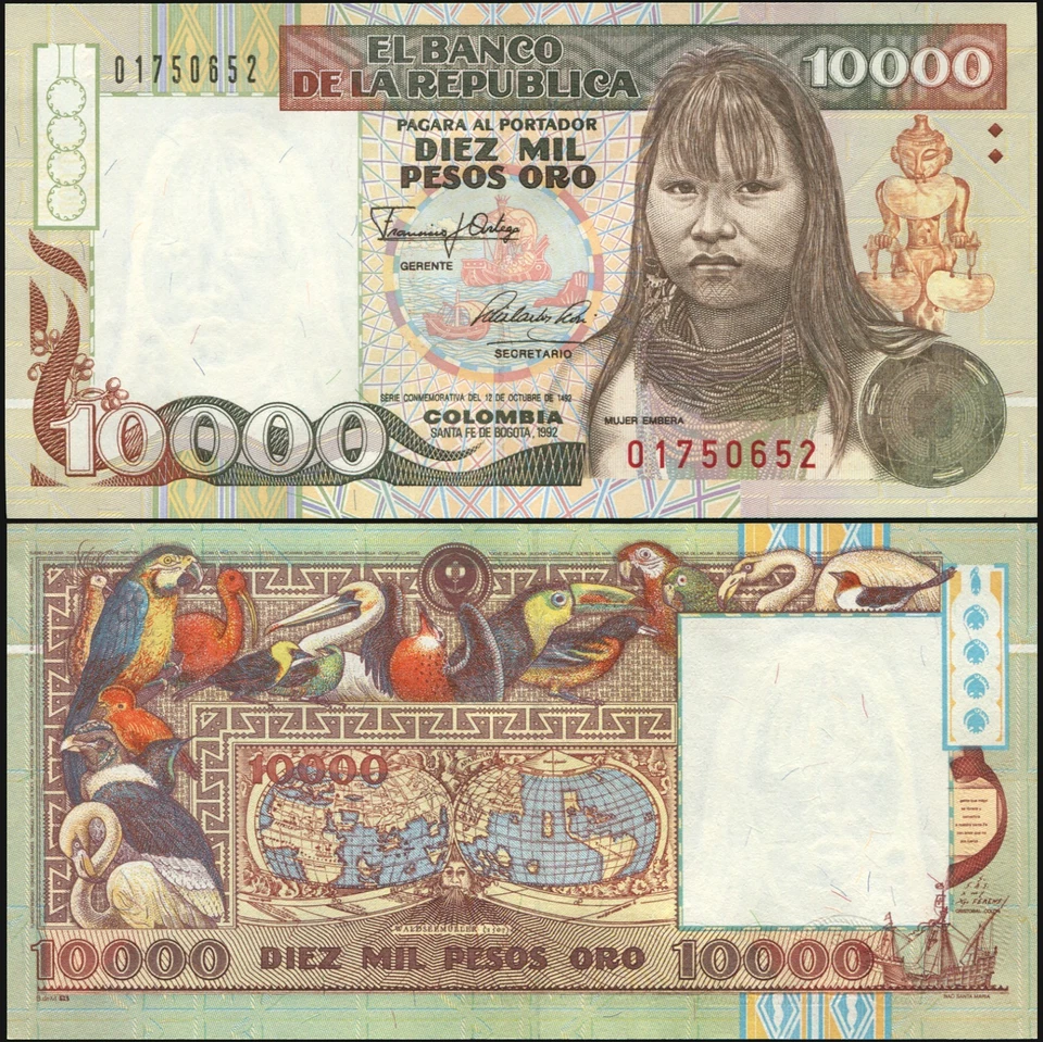 Банкнота Колумбии 10000 песо оро 1992 Unc Cat # P.437A - Изображение 1 из 1