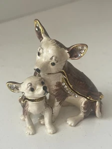 Mini Jeweled Enamel Chihuahua Dog w/ Puppy Hinged Magnet Trinket Ring Box - Picture 1 of 7