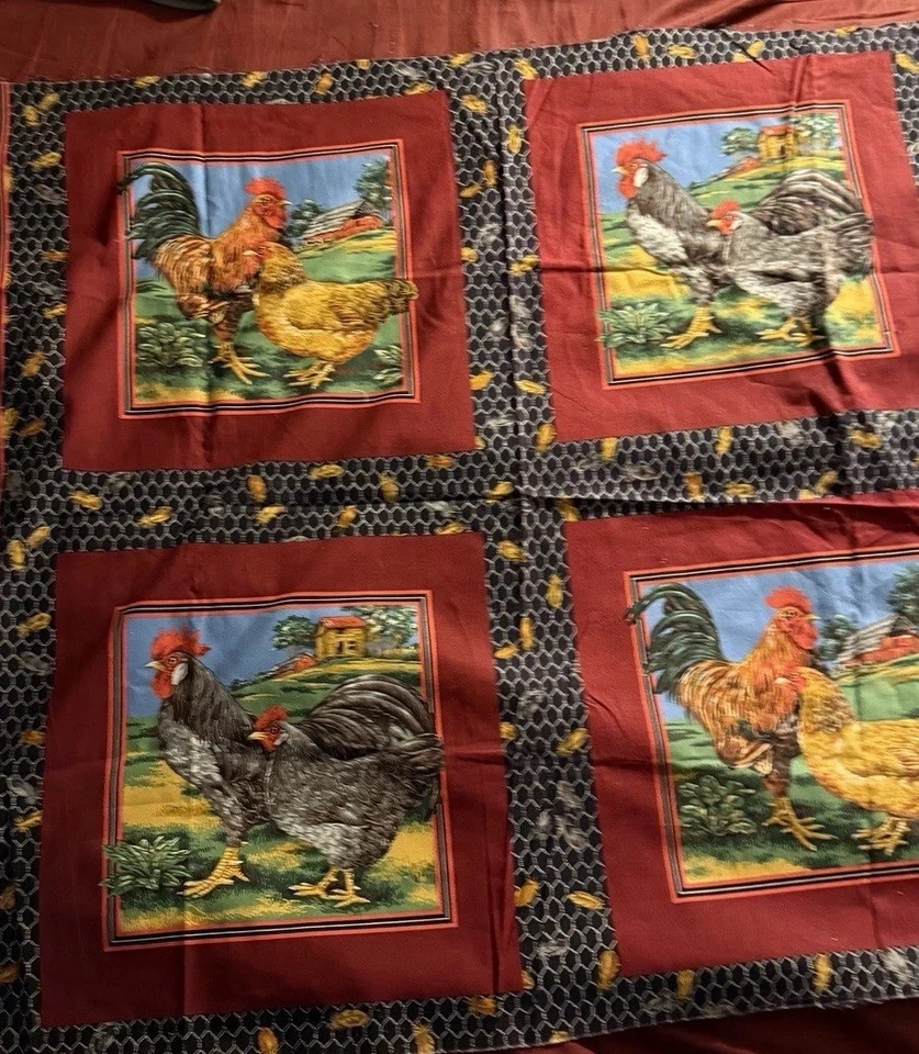 Rare VIP Cranston Joan Messmore Rooster Hen Chicken 4 Block Pillow Panel Fabric - Image 1 of 4