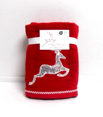 Felices Fiestas Invierno 2 Toallas de Mano Rojas LENTEJUELAS PLATEADAS RENO Foto 1 de 3