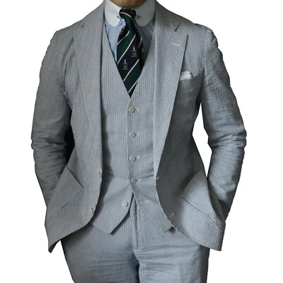 Trajes Seersucker azules para hombre de un solo pecho dos botones muesca solapa 3 piezas Foto 1 de 4