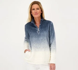 Denim & Co. Sherpa Tie-Dye Mock-Neck Half-Zip Top Dark Slate Size L A461510 - Picture 1 of 2