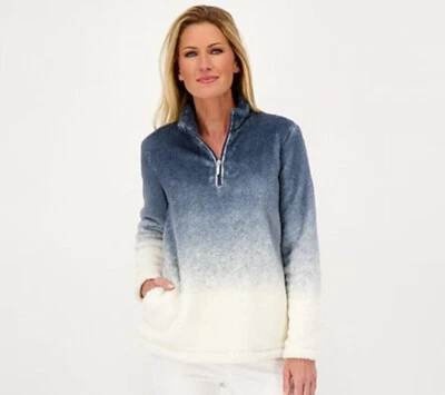 Denim & Co. Sherpa Tie-Dye Mock-Neck Half-Zip Top Dark Slate Size L A461510 - Image 1 of 2