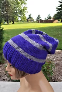 Purple and Grey Slouchy Hat Hand-Knitted - Picture 1 of 4