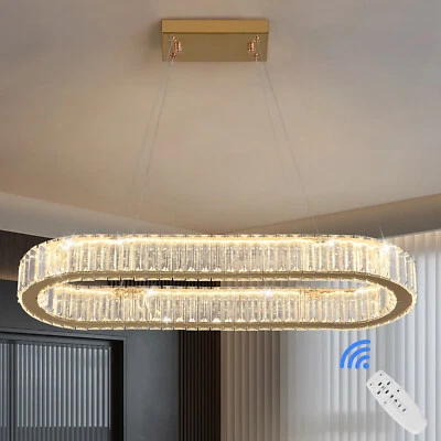 GREELUSTR Crystal Gold Chandelier Dimmable Oval LED Ceiling Light Pendant Lights Remote UK