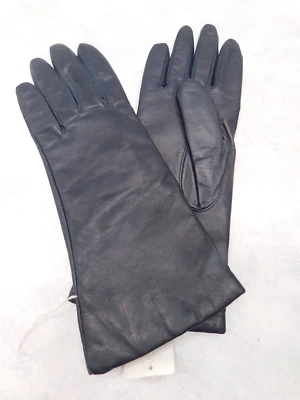 NEW DESIGNER LADIES DARK NAVY LEATHER WINTER GLOVES ACRILIC KNIT LINING SIZE 7 - Image 1 of 4