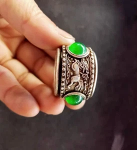 Collect old silver Inlaid Green Jade qilin Rotating Gift Ring - Picture 1 of 7