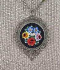 Vintage Italy Mico Mosaic Floral Pendent Necklace Scrollwork Silver Tone