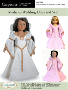 Vestido de muñeca medieval y patrón de costura con velo para niña americana de 18"" y muñecas delgadas de 18 - Imagen 1 de 6