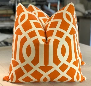 IMPERIAL ORANGE "ASIATISCHES SPALIER" GEOMETRISCHE LAUBSÄGEARBEIT BAUMWOLLDRUCK INDIVIDUELLE KISSEN - Bild 1 von 2