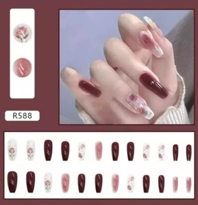 Toppa Unghie Finte Marrone Rossastro Motivo Rosa Lunga Rimovibile Unghie Pressa On Nail - Foto 1 di 2