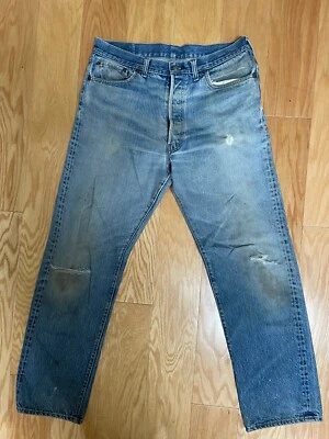 Vintage 501 Levis 35X34 Button Fly Early 80s Distressed Denim Jeans - Image 1 of 4