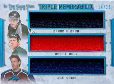 🔥#/20 JAGR SAKIC HULL 3 TRIPLE JUMBO RELICS 2020-21 Leaf In the Game Used ITG - Image 1 of 4
