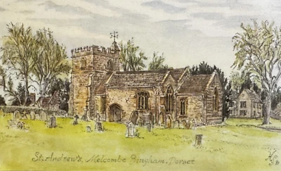 St Andrews Melcombe Bingham, Water Colour Image by Harold Sheild Postcard Dorset - Image 1 of 2