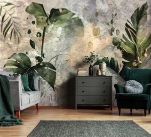 Fototapete Blätter grün Pflanzen Beton Retro Wohnzimmer VLIES TAPETE + KLEISTER - Bild 1 von 7