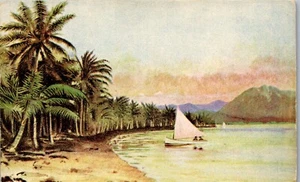Vintage Hawaii HI Postcard Artist Rendering of a Sailboat in Hawaii Palms - Picture 1 of 3