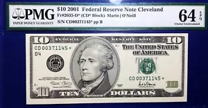 2001 $10 Federal Reserve Note Fr-2035-D* Cleveland PMG64 Choice EPQ - Picture 1 of 4