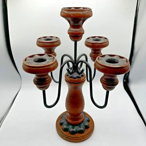 Home Interiors Wood & Cast Iron 5 Arm Candelabra Taper Candle Holder 15” Boho - Picture 1 of 8