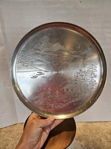 Vintage rund Aluminium Serviertablett 11,5" Landschaft asiatische Szene MCM überbacken - Bild 1 von 8