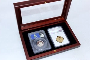 Wood Box for 2 Certified Coin Slabs from PCGS or NGC, Glass Top & Mahogany - Picture 1 of 8
