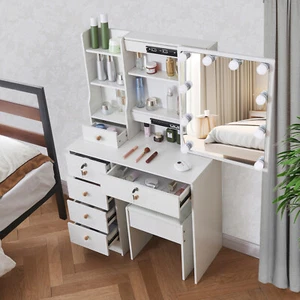 Makeup Vanity Desk & Stool with LED Lighted Mirror 6 Drawers Dressing Table - Picture 1 of 12